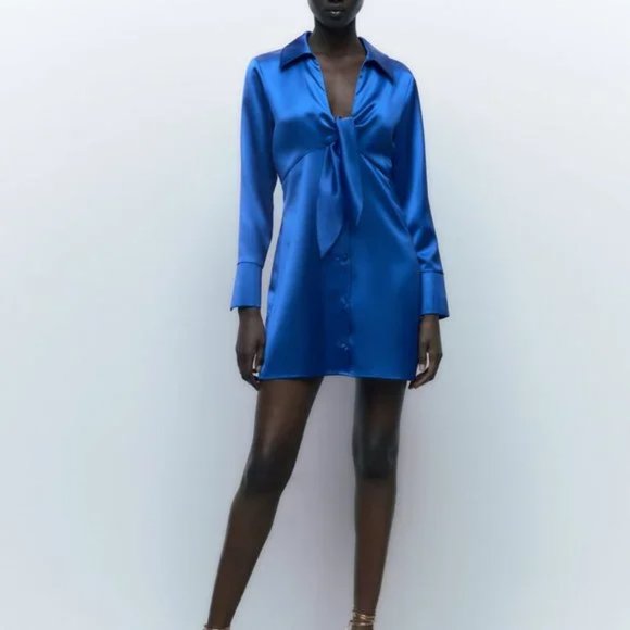 Zara Blue Mini Dress Long Sleeve Notched Collar - Picture 2 of 8